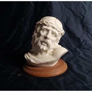 Suffering Jesus With Thorn Crown Statue Sculpture Bust On Hardwood Base